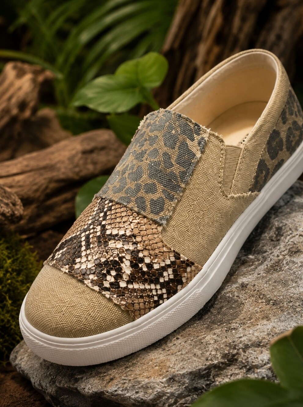 Tan Patchwork Snake Print Slip-On Shoes Size 9.5 Womens/8 Mens
